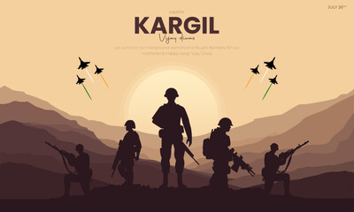 26th July - Kargil Vijay Diwas Banner and Greeting Card. Kargil Victory Day Celebration with Text and Solder Kneeling Vector Illustration
