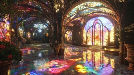Grand hall with archways and colorful stained glass. Luxurious interior design.