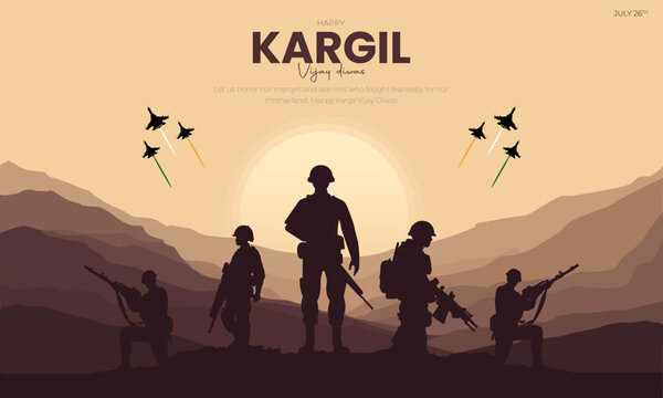 26th July - Kargil Vijay Diwas Banner and Greeting Card. Kargil Victory Day Celebration with Text and Solder Kneeling Vector Illustration