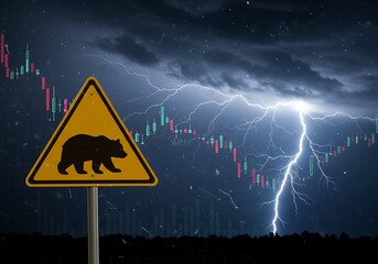 Bear warning sign with stock chart and lightning