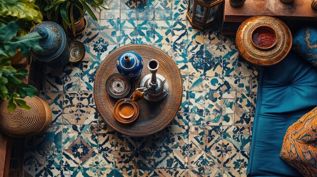 Flat lay of a Moroccan outdoor patio, patterned tiles, hookah pipe, lanterns, cobalt blue and terracotta