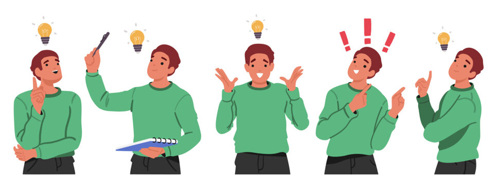 Inspired man cartoon character with exclamation marks above engaged in creativity process set