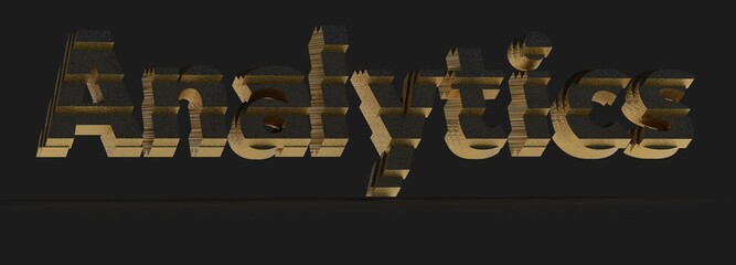 Abstract 3D rendering of the word Analytics in gold on a black background. Perfect for business, finance, data analysis.