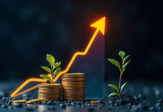 Upward trending graph with glowing coins and growing plant ,  economy,   investment strategy