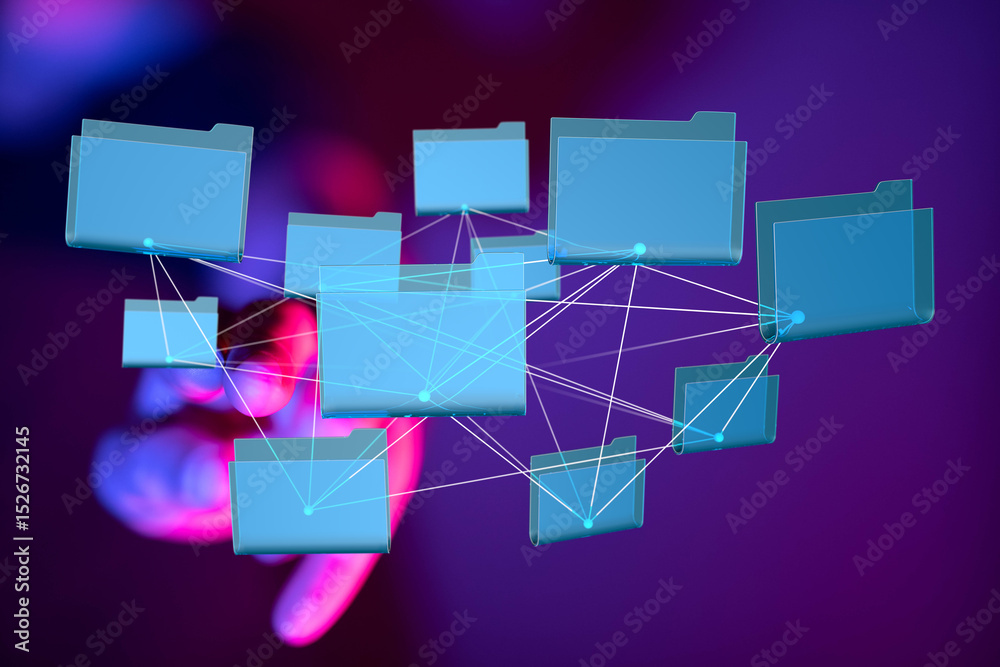 Poster abstract image of interconnected files, symbolizing data sharing, teamwork, and digital collaboratio