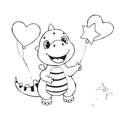 Cute cartoon dinosaur holding heart and star balloons