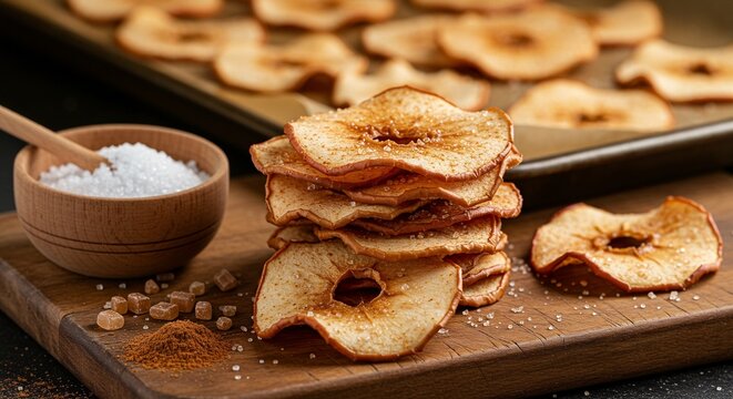 Crisp apple chips, cinnamon and salt on a wooden board, freshly made for a healthy snack anytime. - Powered by Adobe