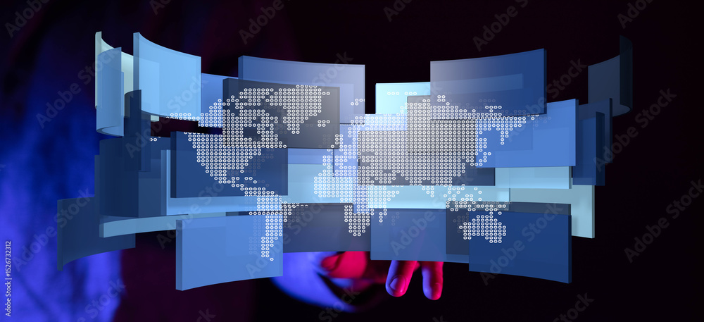 Poster hand holding futuristic digital world map. abstract data visualization concept.