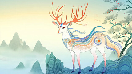 Chinese style cartoon hand-drawn dreamy elk in misty mountains background