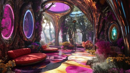 Colorful stained glass windows in a vibrant hall. Fantasy magic palace interior.