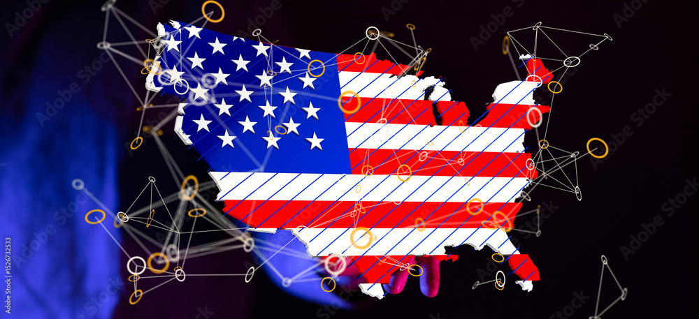 Poster abstract digital map of the usa with network connections. perfect for technology, communication, and