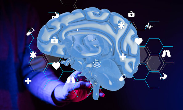 3D brain model with medical icons.  Perfect for healthcare, neuroscience, or technology concepts. - Powered by Adobe