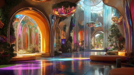 Grand hall with archways and colorful stained glass. Luxurious interior design.