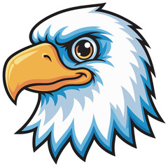 Naklejka premium Friendly cartoon bald eagle head vector with a confident expression. Bright white head, golden beak, and blue accents capture a modern, approachable take on this iconic bird. Ideal for mascots or 