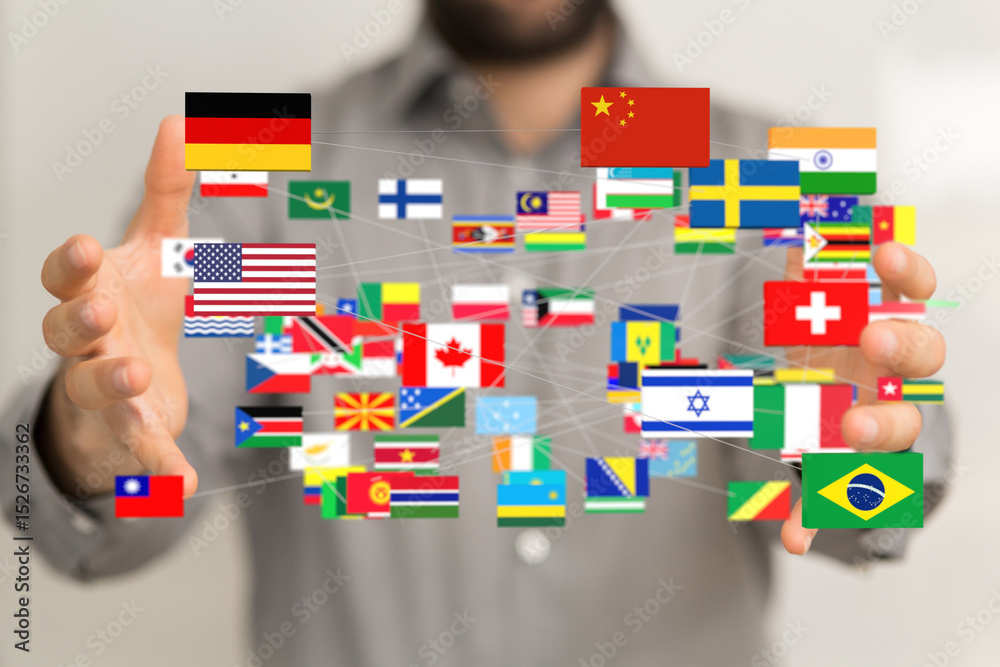 Aufkleber image of a person holding a network of interconnected flags representing global collaboration.