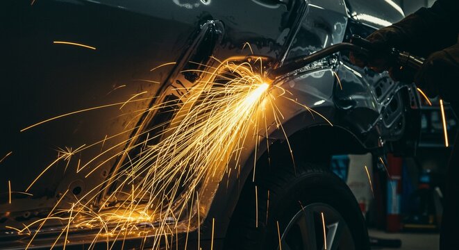 A mechanic uses a welding torch to repair a vehicle, with bright sparks flying at an auto repair shop.
