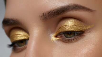 Fototapeta premium Close-up of female with bold gold eye makeup and defined eyebrows