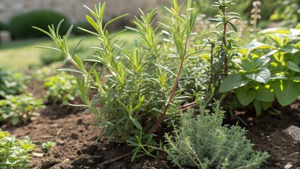 Herbes de Provence green herbs growing together in garden sunlight