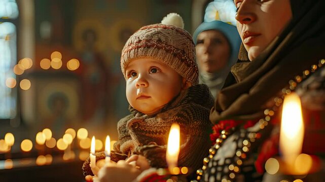 A mother and her child hold candles in a church, surrounded by warm lighting during a meaningful religious event