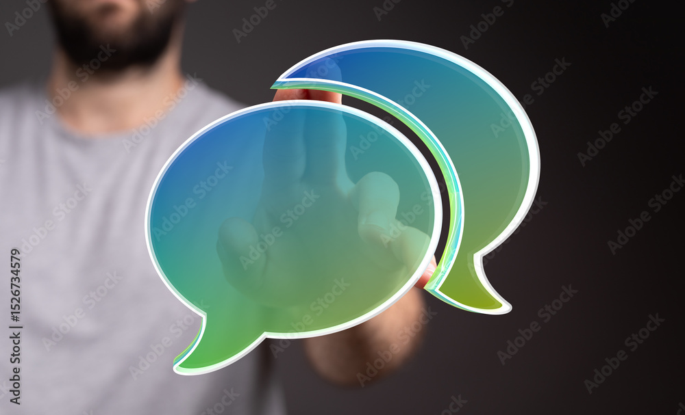 Leinwandbilder Abstract image of a person interacting with digital speech bubbles, symbolizing communication and connection.