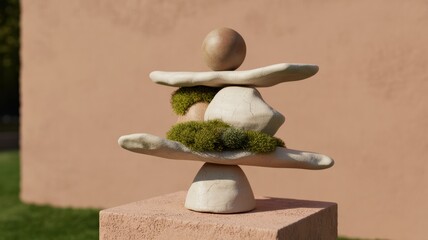 Balancing minimalist sculpture with moss and stones on pedestal