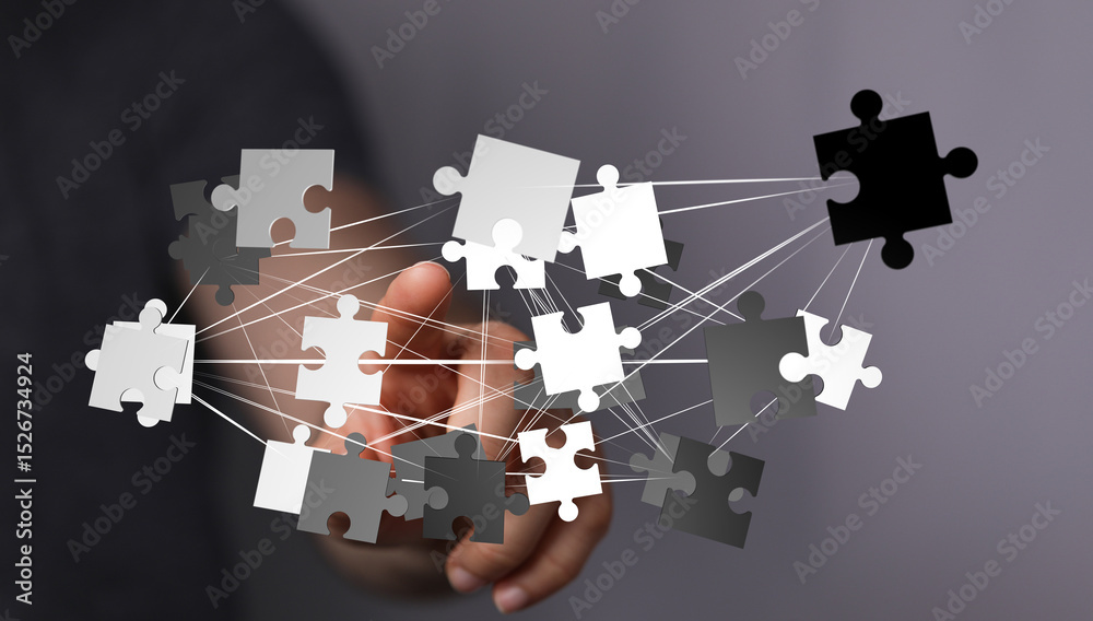Aufkleber teamwork, problem-solving, and strategic collaboration visualized with interconnected puzzle pieces.