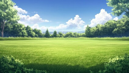Obraz premium Lush green meadow bathed in sunlight, surrounded by trees and a clear blue sky