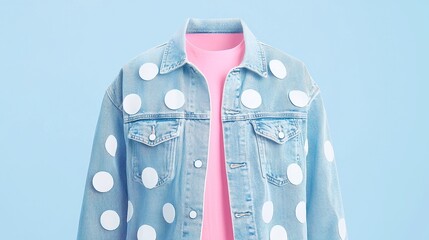 Polka-Dotted Denim Jacket, a vintage-inspired piece featuring oversized dots on a distressed wash, perfect for adding a playful touch to casual outfits.