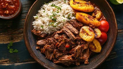 Flat lay of Cuban ropa vieja with rice and fried plantains, rustic Cuban setting, deep reds and yellows