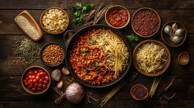 Flat lay of Egyptian koshari with crispy onions, pasta, lentils, and spicy tomato sauce, bold warm tones