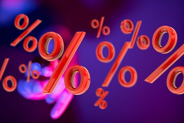 3D render of red percentage symbols floating. Ideal for discount, sale, finance.