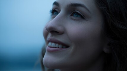 Fototapeta premium Close-up of young caucasian female smiling at twilight with blue sky background