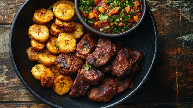 Flat lay of Haitian griot with fried plantains and pikliz, deep golden and orange tones