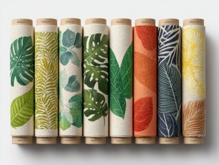 Natural Leaf Wallpaper Samples Rolled in Display for Design Inspiration
