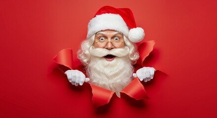Festive surprise: Santa Claus bursts through a red paper background with a cheerful expression.