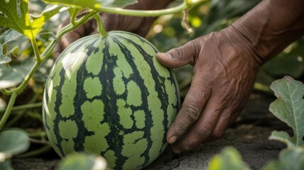 African male hands harvesting ripe watermelon in sunlit garden