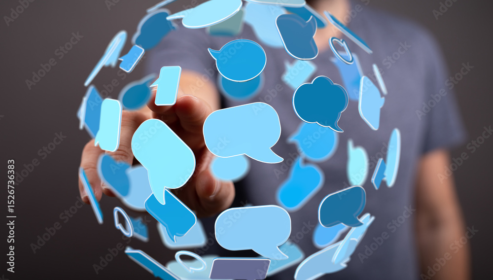 Poster Abstract image depicting a network of global communication and social media interactions.