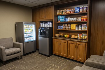 Modern Office Break Room with Snack Vending Machine and Coffee Maker