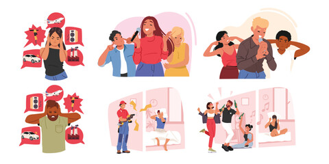 People suffering from noise pollution feeling anxiety and annoyance covering ears cartoon scene