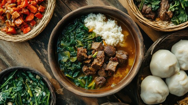 Flat lay of Malagasy romazava with meat and greens in broth, simple village table setting