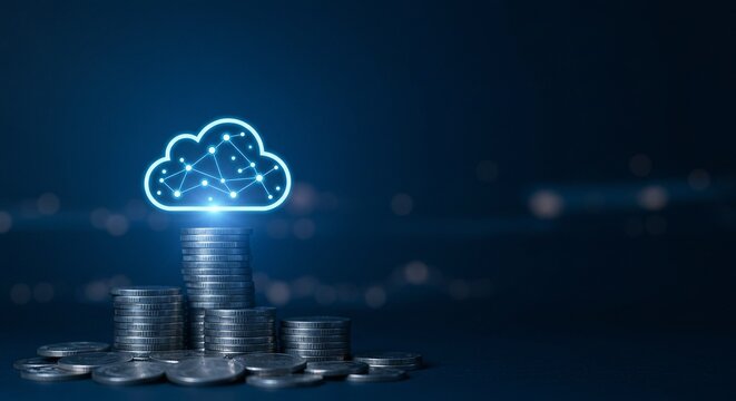 Cloud computing costs: A digital cloud icon atop a stack of coins, representing financial investments.
