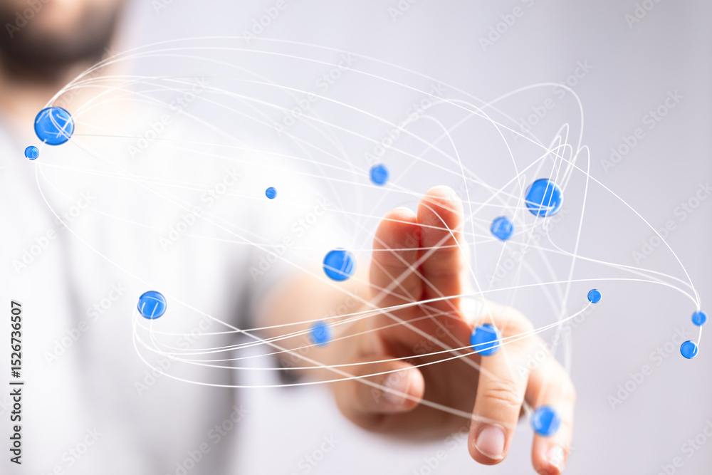 Poster Abstract image of a hand interacting with a network of blue nodes.  Ideal for technology, connection, and global business.