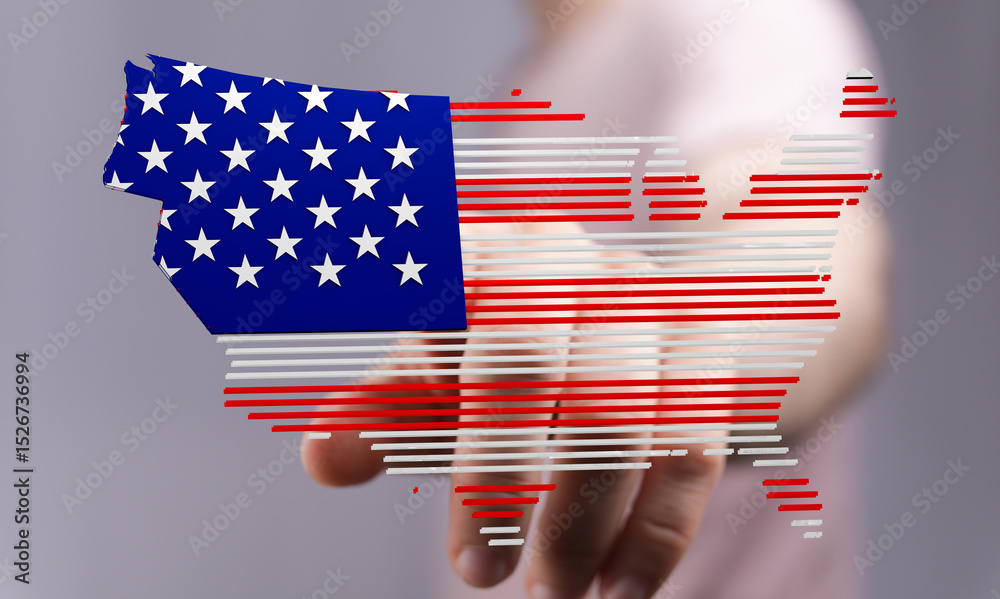 Aufkleber Hand pointing at a digital map of the USA designed with an American flag pattern. Ideal for concepts related to technology, business, and patriotism.