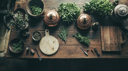 Flat lay of rustic French country kitchen, wooden countertop with copper pots and herbs, earth tones and warm cream accents