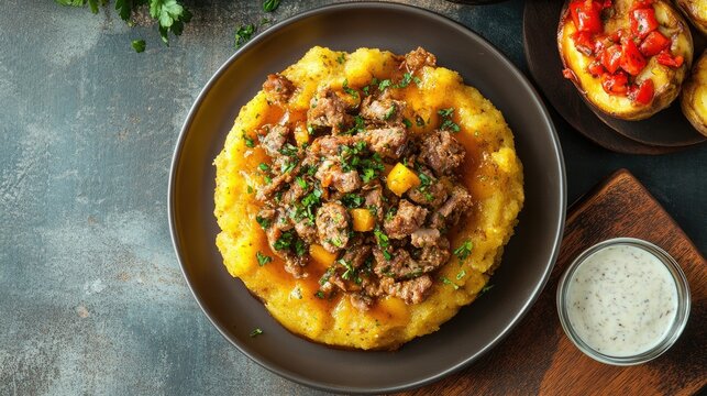 Flat lay of Puerto Rican mofongo with garlic sauce and pork, plantain texture and vibrant island tones