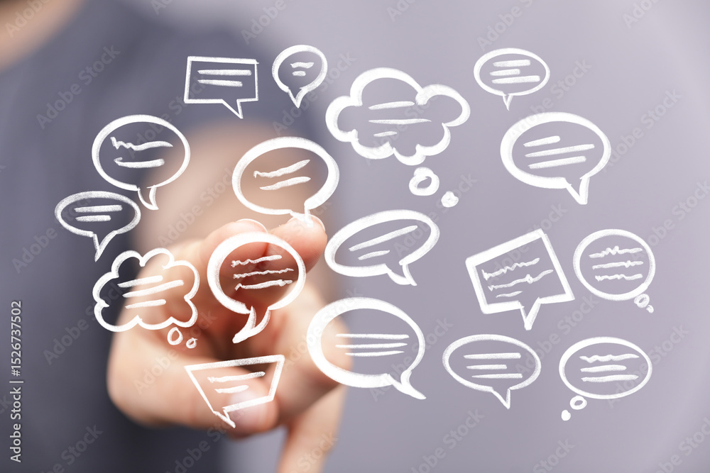 Aufkleber Hand pointing at a screen with multiple speech bubbles, representing communication and ideas.