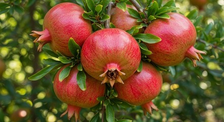 Lush pomegranate tree branch laden with ripe, vibrant red fruit against a blurred green foliage backdrop.