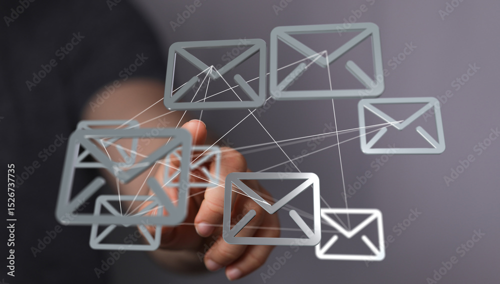 Poster Seamless email connection.  Efficient global communication.  Image depicts interconnected email icons.