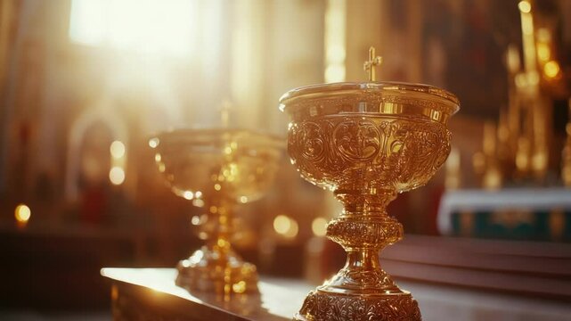 A pair of ornate golden cups resting on a table, ideal for decorating your home or using as a prop in photography and film.