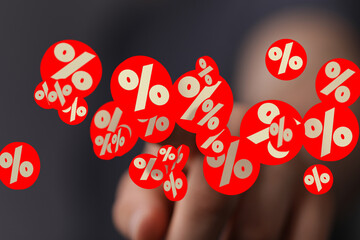 Abstract image of hand interacting with floating percentage signs, ideal for discount, sale,...